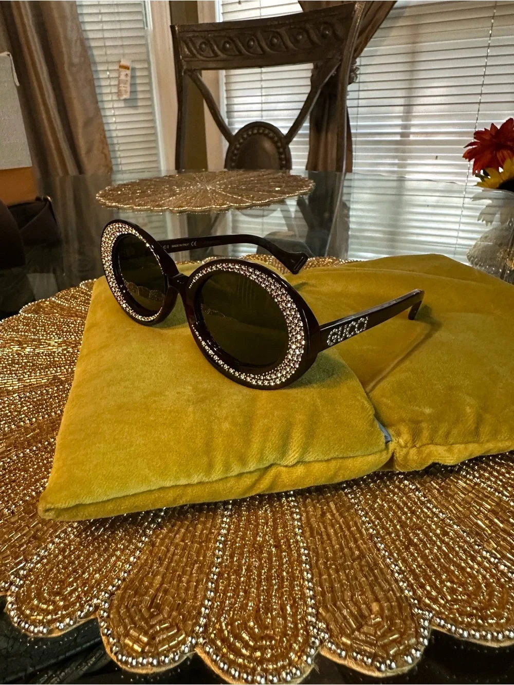 Gucci Black Round Sunglasses with Crystal Trim